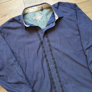 Robert Graham Geometric Button Down Shirt Blue Black Embroidery Flip Cuff 3X
